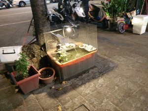 A tranquil water garden made from tea paraphernalia in the middle of a busy Taichung street.
